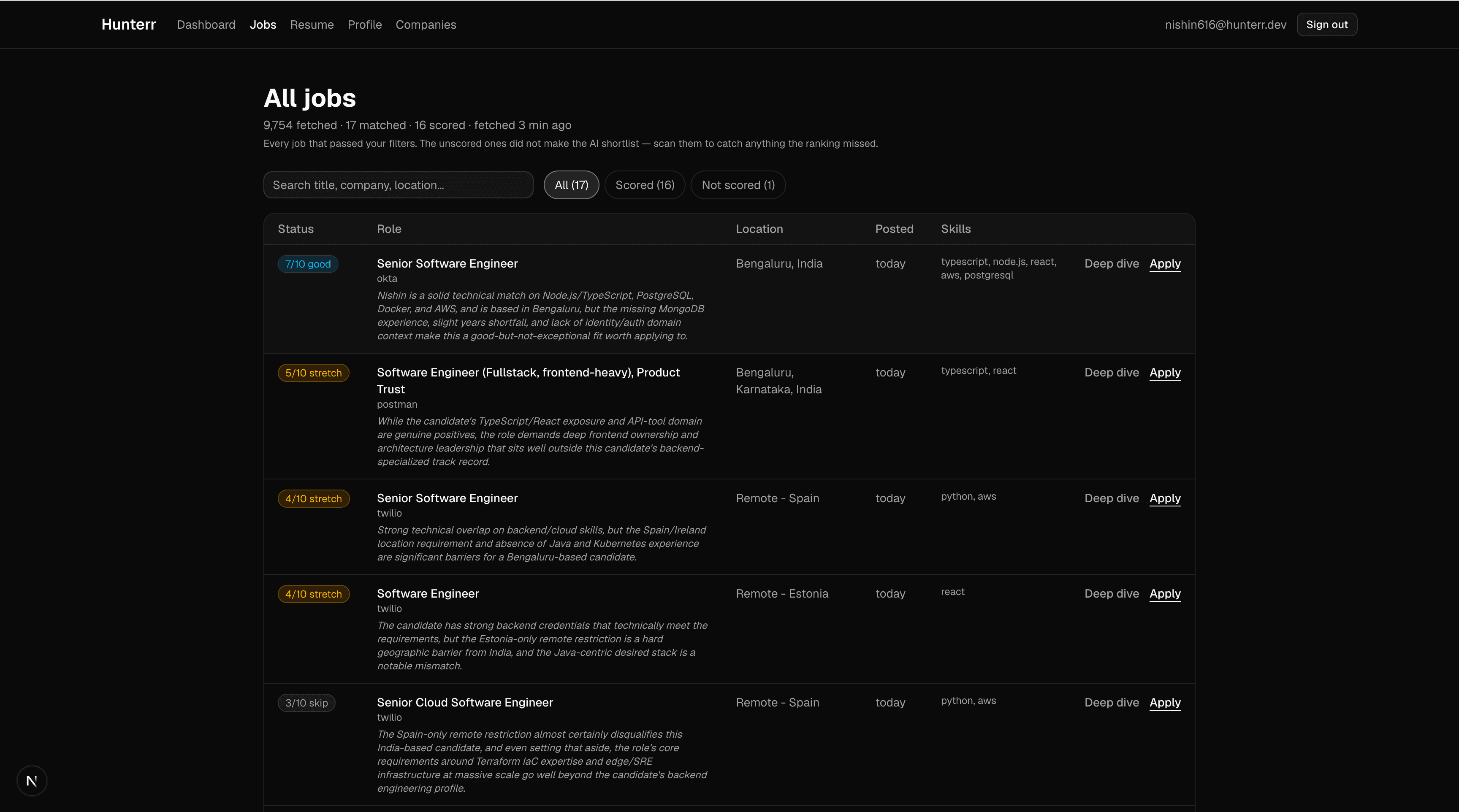 All jobs view, filterable list with search and verdict filters