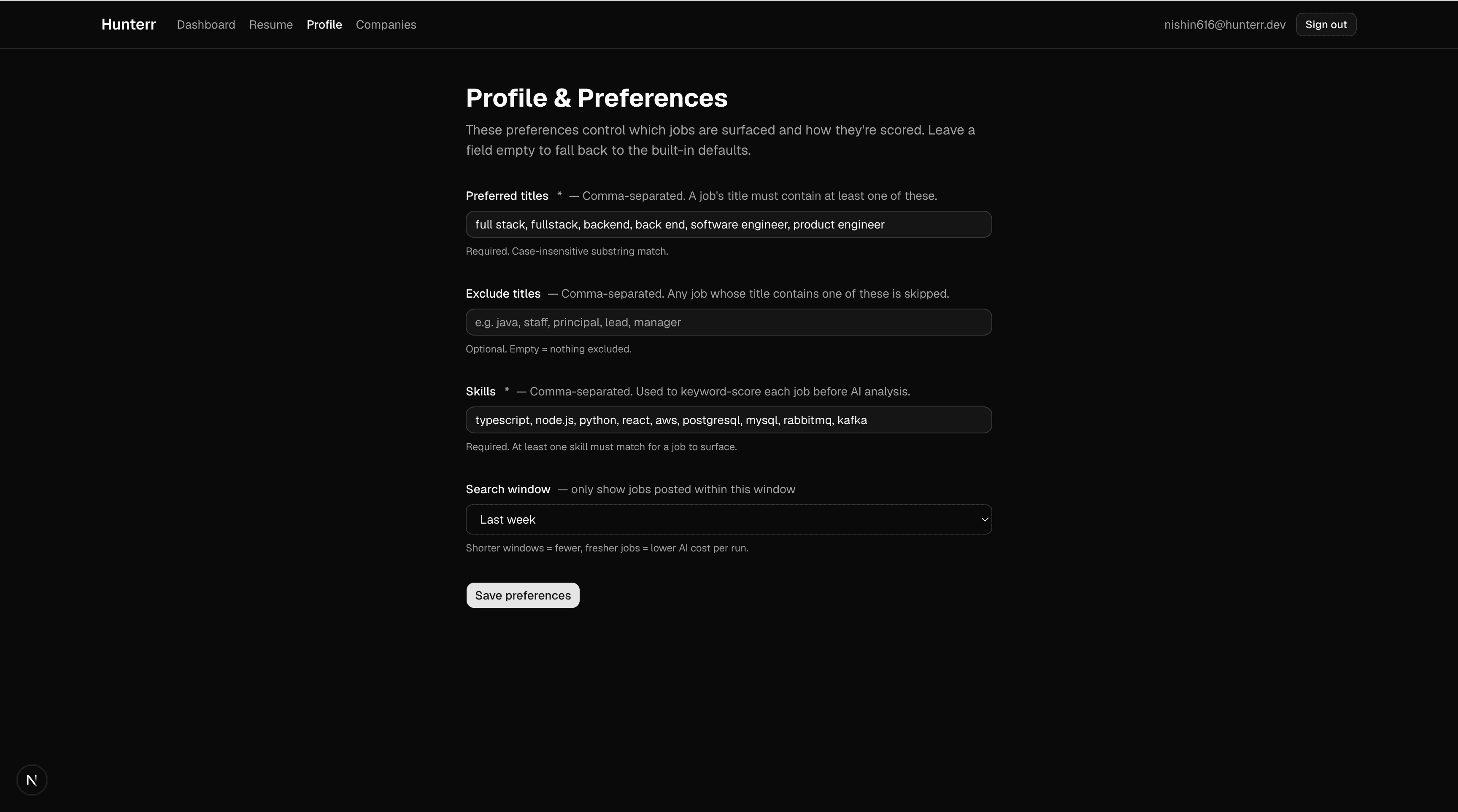 Profile and preferences, titles, skills and search window