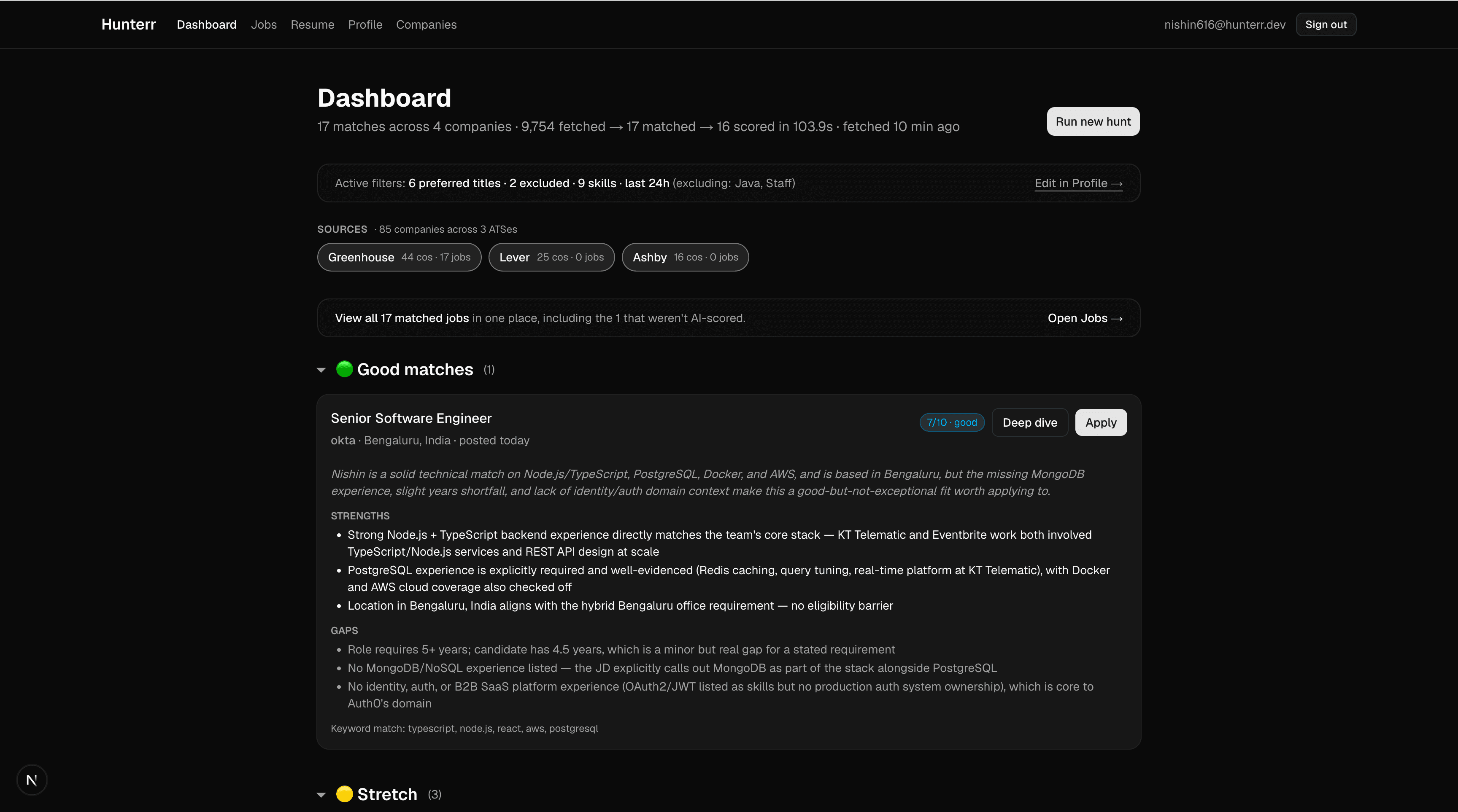 Dashboard results, AI-scored job matches with verdict, strengths and gaps