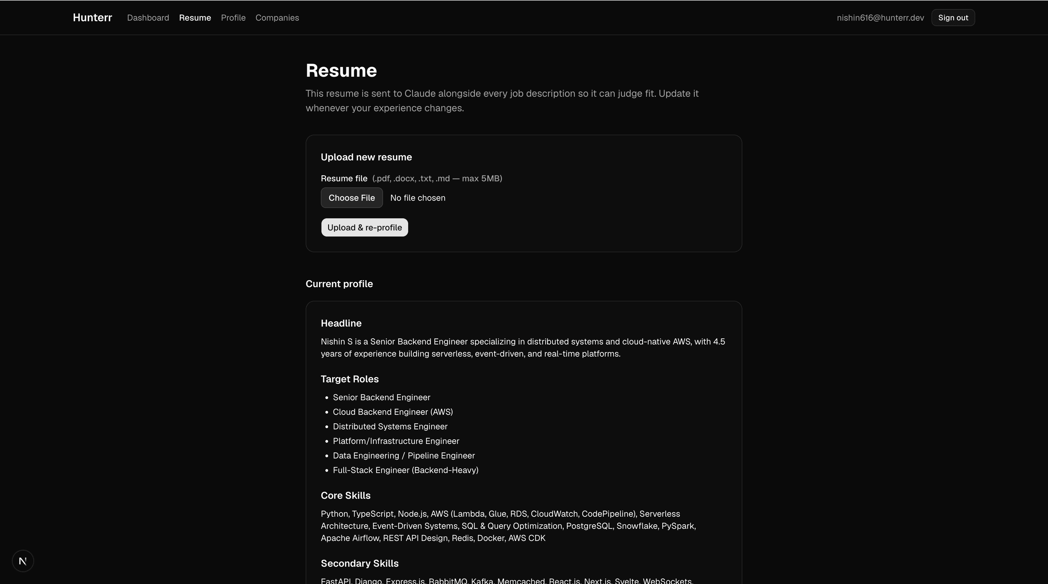 Resume page, AI-parsed candidate profile